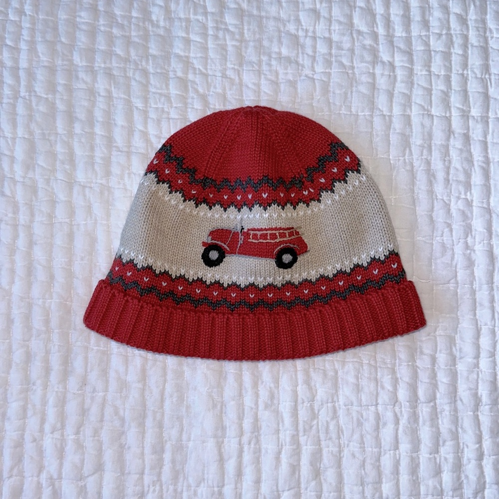 JANIE AND JACK Red Vintage Fire Truck Fair Isle Beanie Size 2T-3